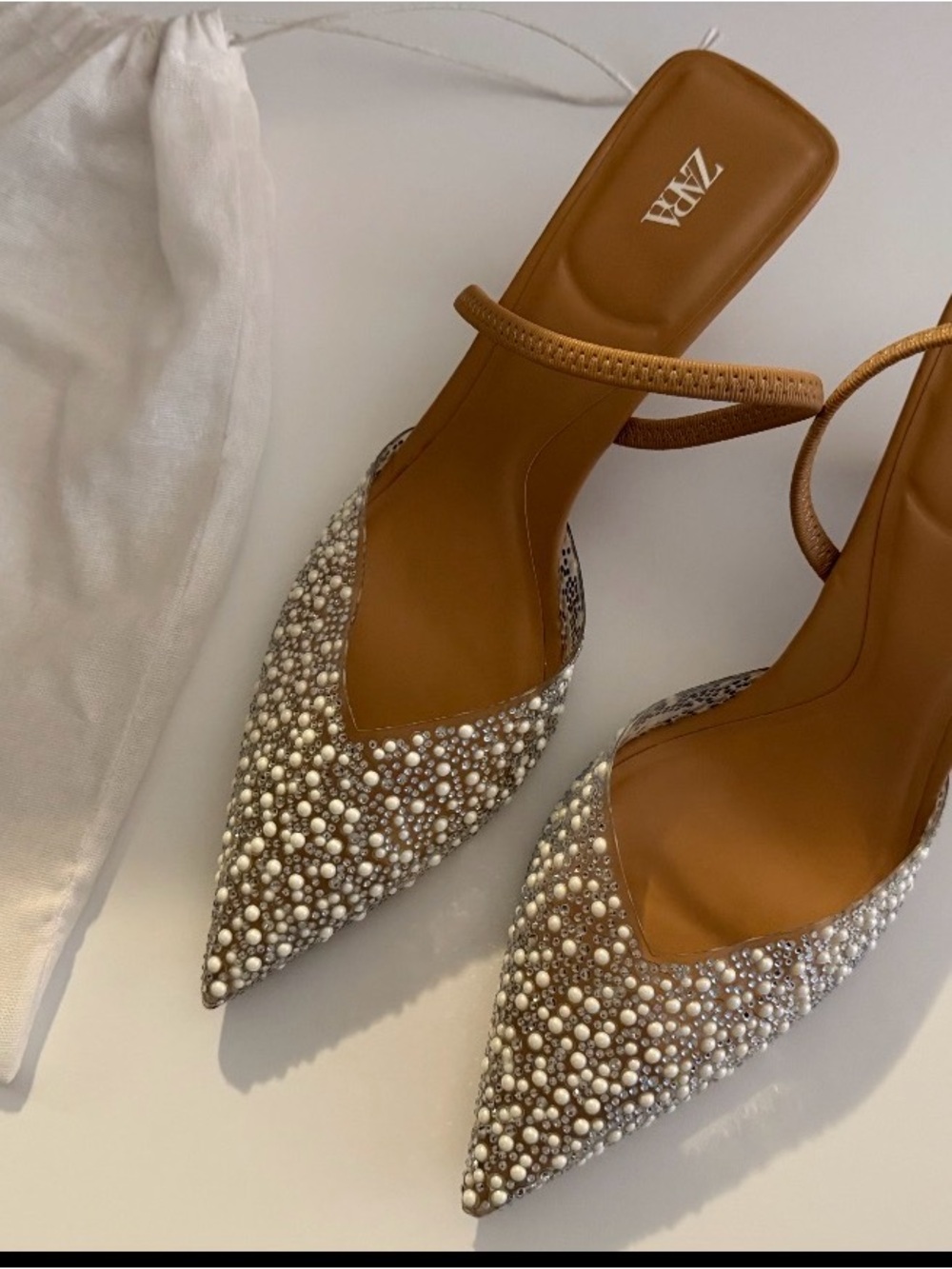 Zara Beaded Pearl-Embellished Pointed Slingback Heels in pearl and Silver